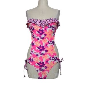Joe Boxer Pink Purple White Floral Strapless Cut Out One Piece Swimsuit M